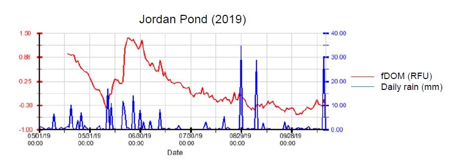 Graph showing DOC decreasing over the course of spring and summer seasons after rain events