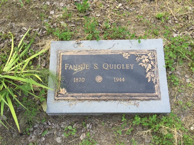 a grave marker reading fannie quigley, 1870 to 1944