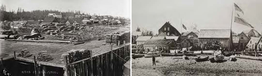 Composite image of two black and white photos. Left: Pier with piles of wood, buildings in background. Right: Canoes on shore with buildings and flags.