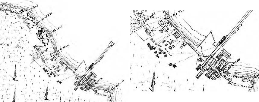 Composite image of two line drawn maps.  Left features buildings along a shore with one long wharf. Right is close up of where wharf meets shore