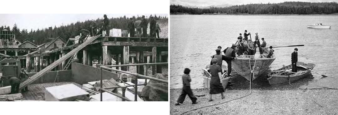 Composite image of two black and white photos. Left: People working with supplies on a wharf. Right: People in a rowboat at the shore.