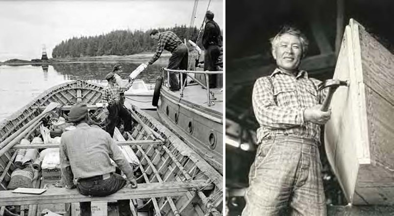 Composite image of two black and white photos: Left: men from a ship hand item to men in large wooden boat. Right: Man poses with hammer and wooden boat bow.