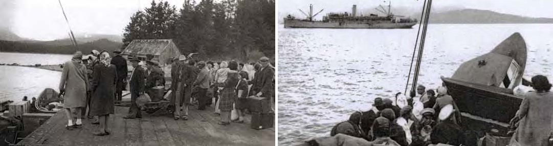 Composite of two black and white photos. Left: People gathered on a wharf. Right: People in a boat facing a battleship.