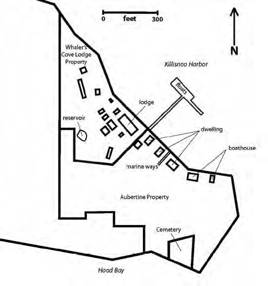 Black and white line drawn map showing land and buildings between Killisnoo Harbor and Hood Bay