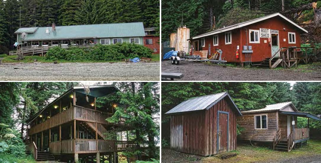 Composite of four images: Top: long building with a green roof and a red building with sign "boot shed". Bottom: Two story building with balconies and two small wooden buildings.