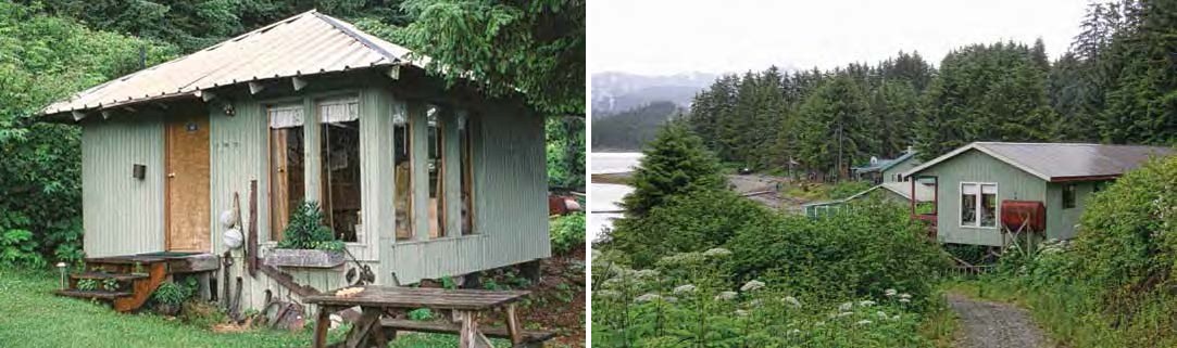Composite of two images. Left: Green shack. Right: small green buildings among the trees.