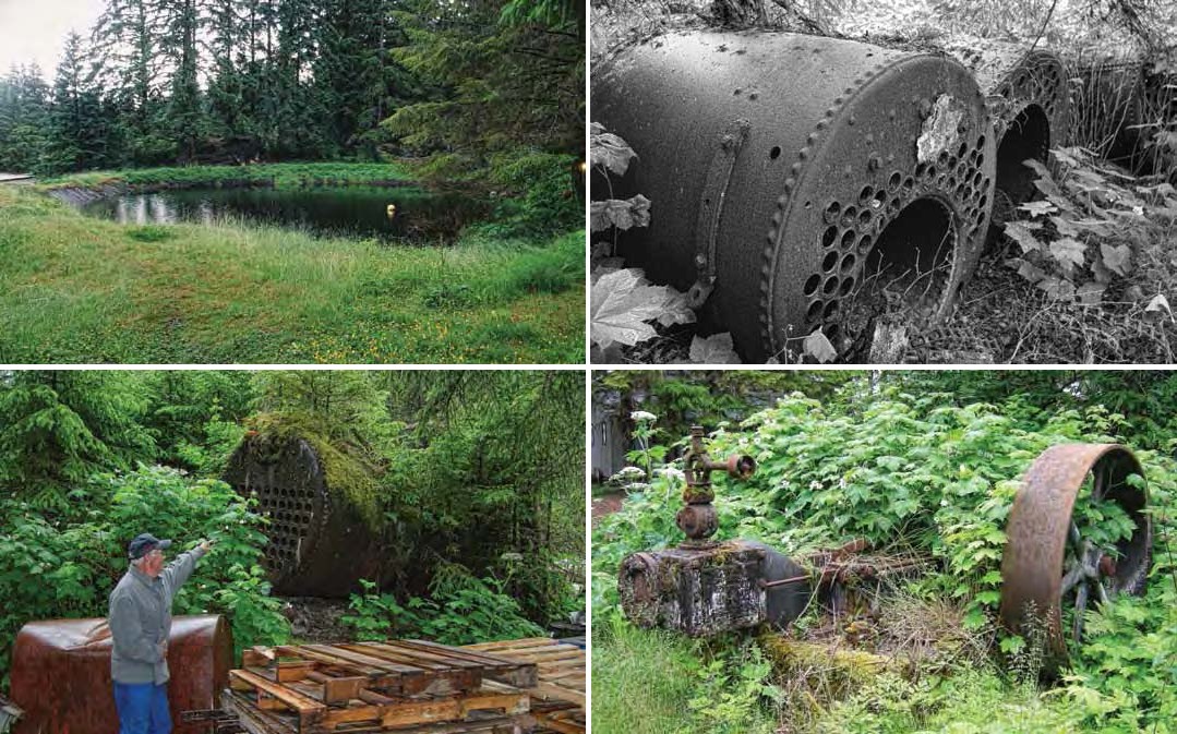 Composite of four images. Top left: pond in a grassy area. Top right: black and white boiler. Bottom left: a man pointing to a boiler covered in moss. Bottom right: metal wheel mounted on mossy concrete.