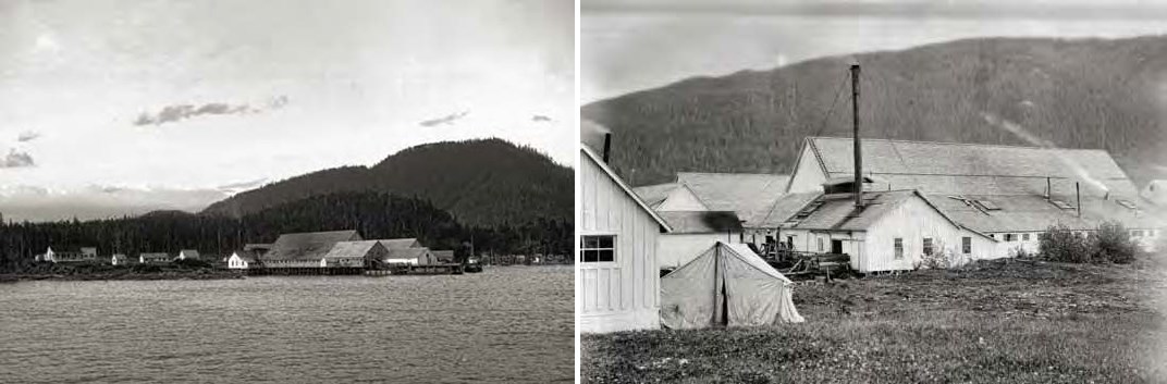 Composite of two images. Left: View of buildings on the shore from the water. Right: Large white buildings and tents in an open area.