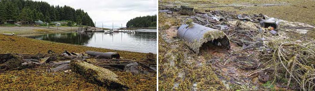 Composite of two photos. Both show rusted metal items in an intertidal area. In the left photo a harbor is in the background. In the right, a barrel is visible.