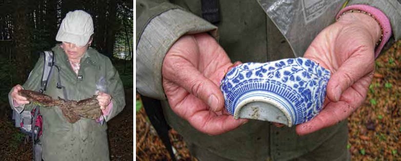 Composite of two photos. Left; a person holds a brown object. Right: hands holding a broken blue and white china ceramic item.