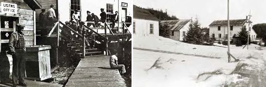 Composite of two images. Left: people seated on stairs and railings around a USFWS office. Right: Buildings with snow in foreground