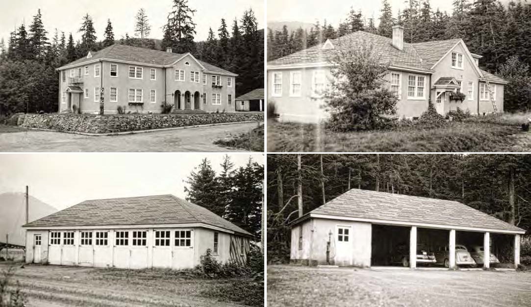 Composite of 4 black and white photos showing  a large and small house on the top row, and two garages on the bottom row.