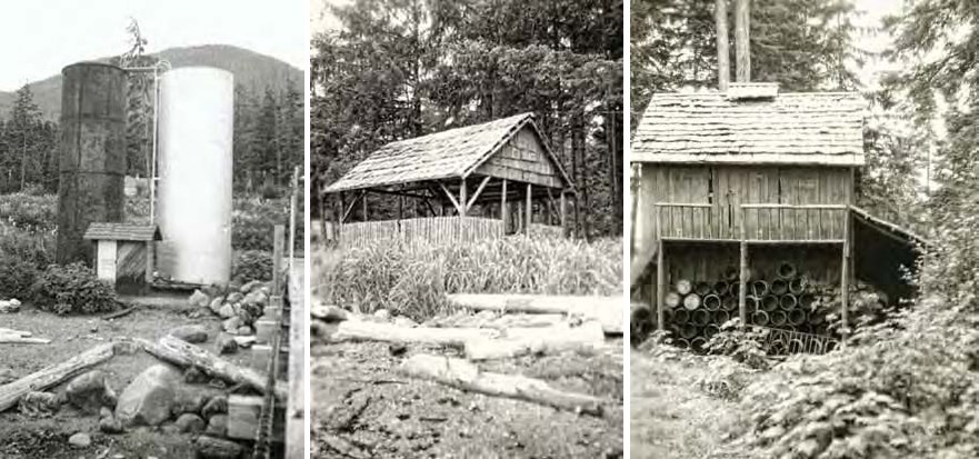Composite of three black and white photos showing tanks and three small sheds