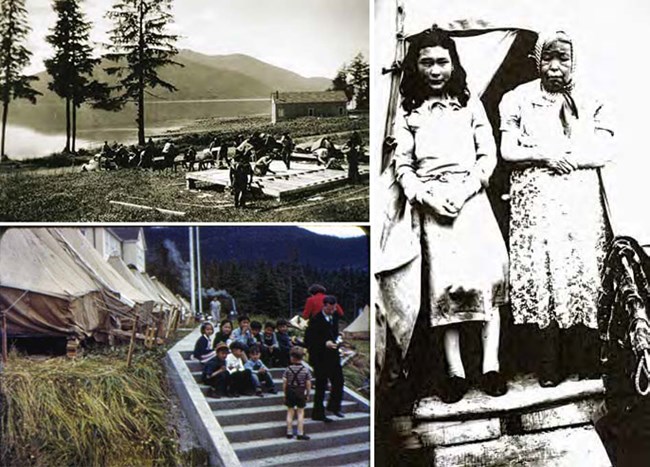 Composite of three images. Top left: group building a platform, bottom left: kids posing on stairs by tents; right: two women