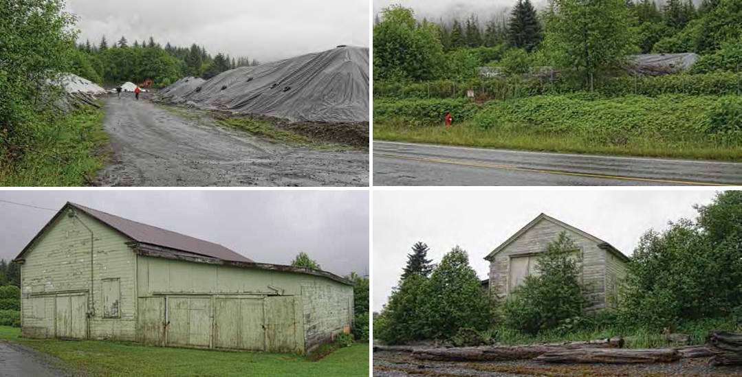 Composite of four images showing covered piles (top row), and old buildings in lush green foliage.