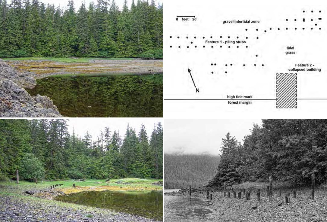 Composite of four images. Left and bottom right: two views of small wooden pilings in coves. Top right: map of piling locations and high tide mark