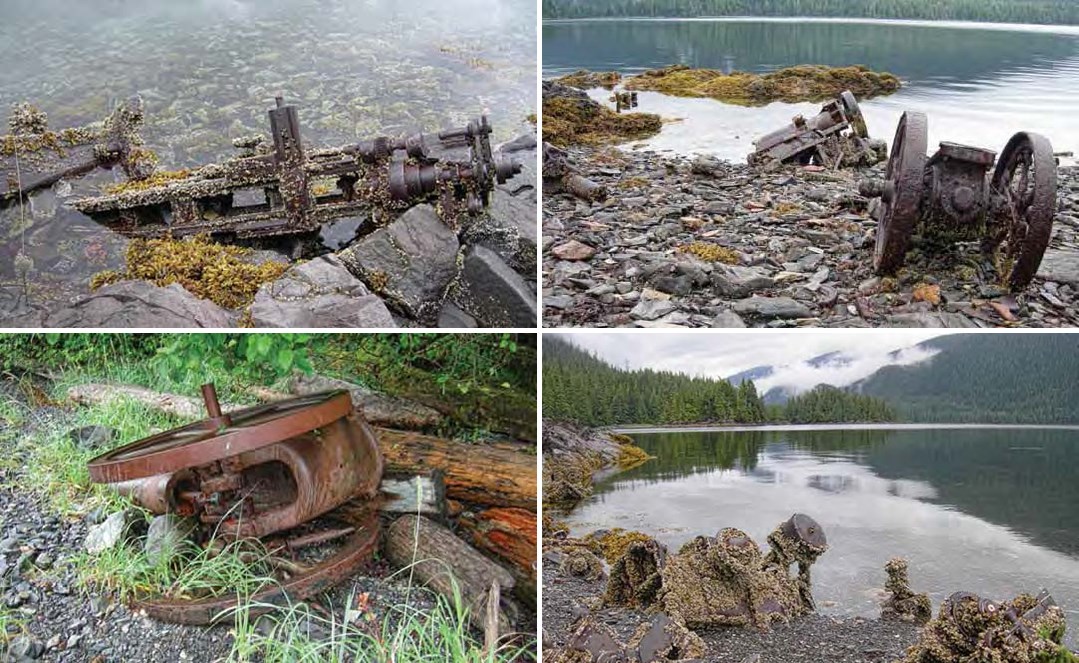 lt= Composite of 4 photos. All four show rusted metal with wheels and gears and barnacles on the edge of water.