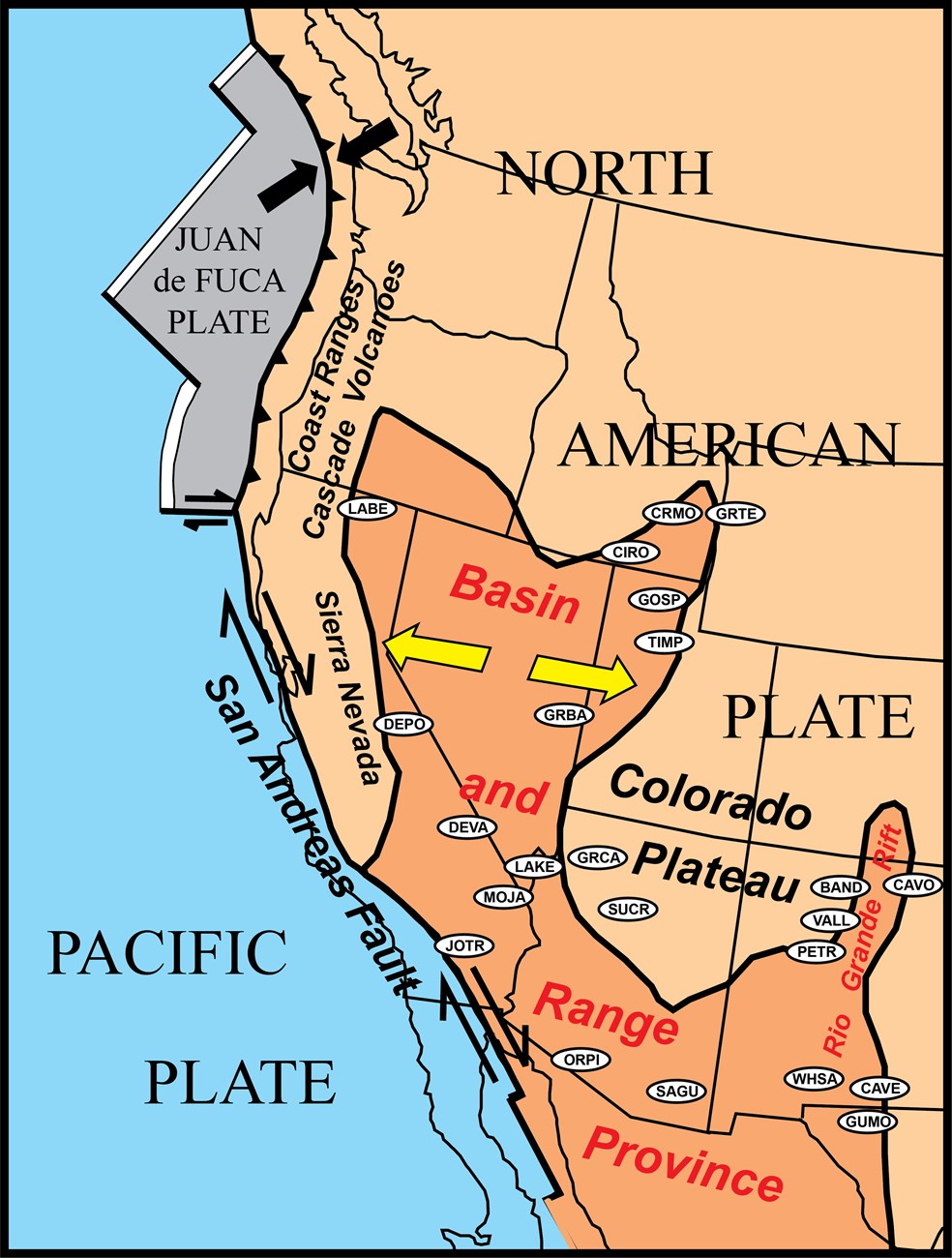 map of southwest u.s. showing basin and range province and san andreas fault