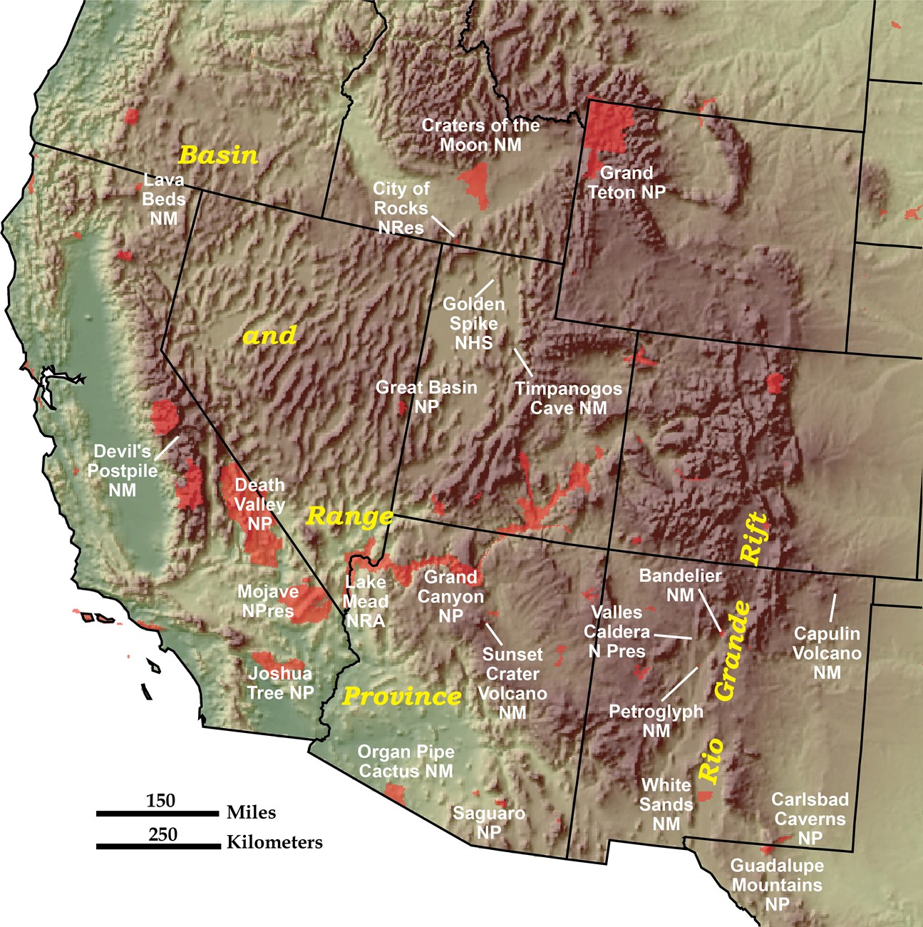 shaded, raised relief map of southwest U.S.