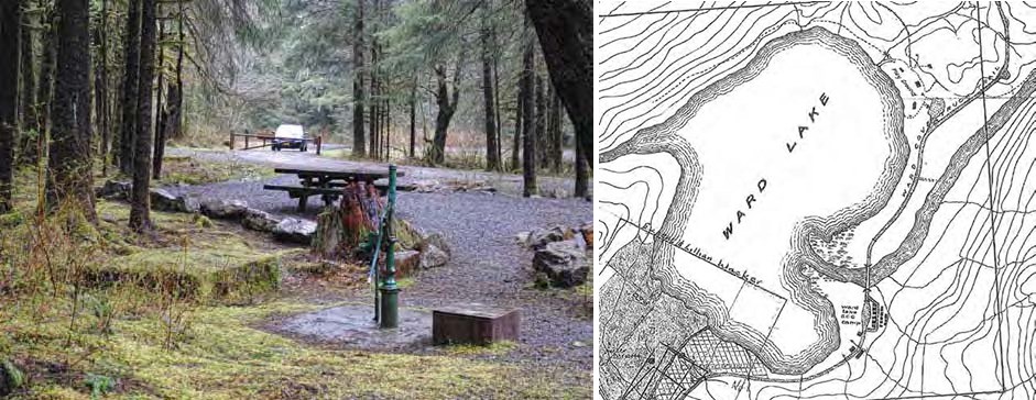 Composite image: left: forested picnic area with car in background. Right: line drawing map of Ward Lake area