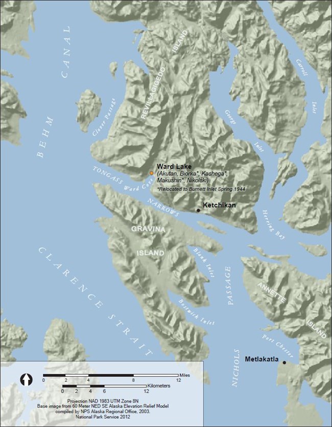 Map showing islands and waterways including Clarence Straight, Gravina Island, and locations of Ward Lake and Ketchikan