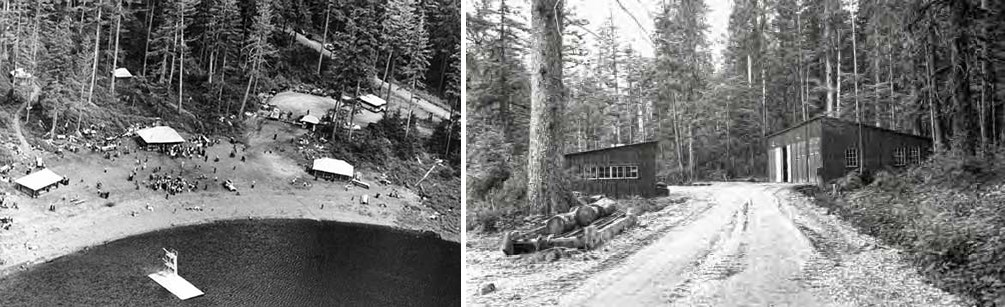 Composite of two black and white images. Left: aerial view of people gathered on a forested shore. Right. Dirt road with two garages and trees.