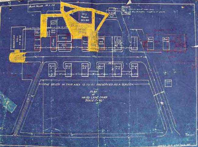 lt= Blueprint with white lines and some yellow areas. Text reads "Ward Lake Camp Scale 1" = 20'"