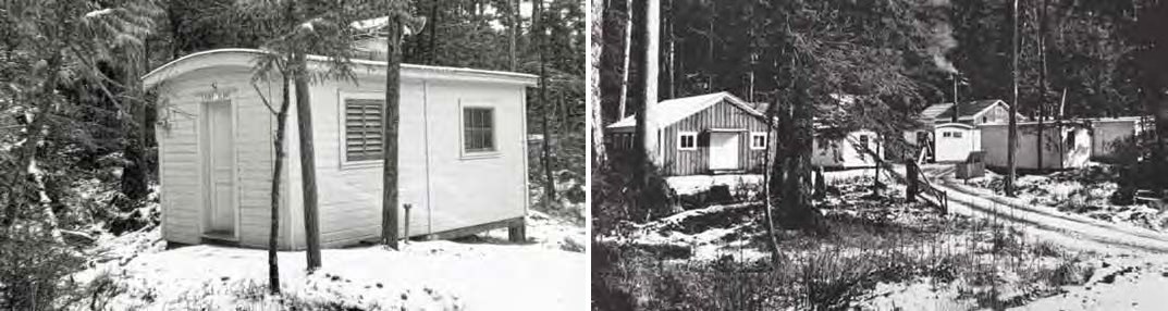 Composite of two black and white photos. Left: small white building. Right: cluster of small wooden buildings.