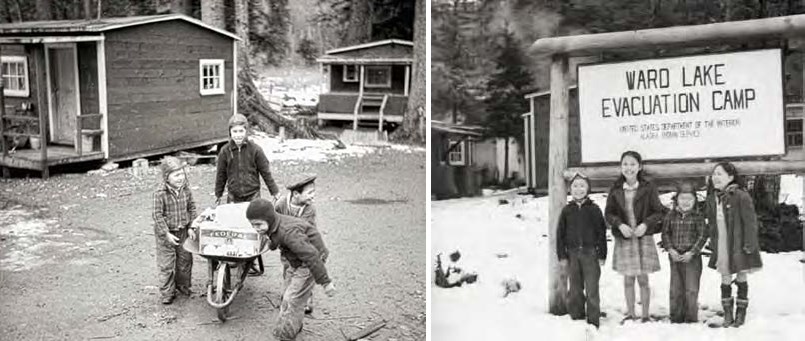 Composite image of two black and white photos. Left: children with wheelbarrow. Right:  Children in front of a Ward Lake Evacuation Camp sign