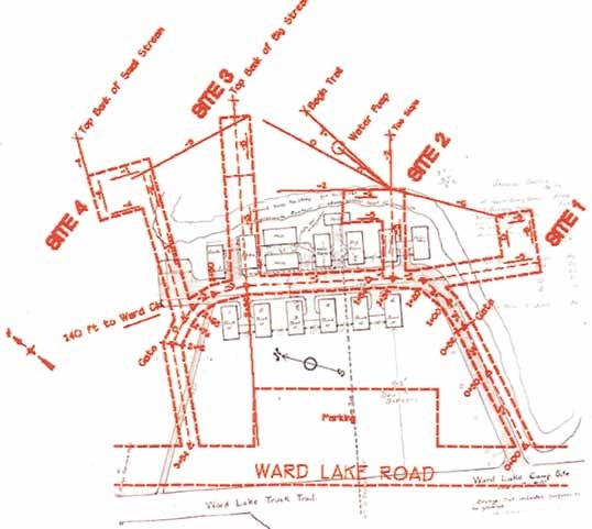 Line drawn map of orange site markers over black building locations.