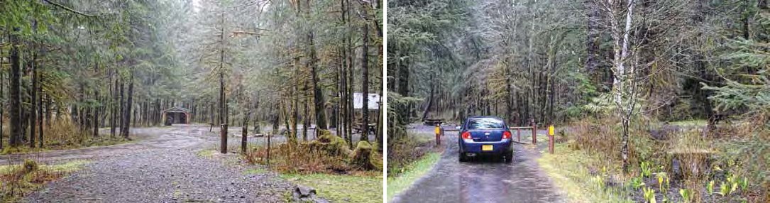 Composite of two moder photos. Left: wide flat road among trees. Right: Car on road with concrete shape in swampy area.