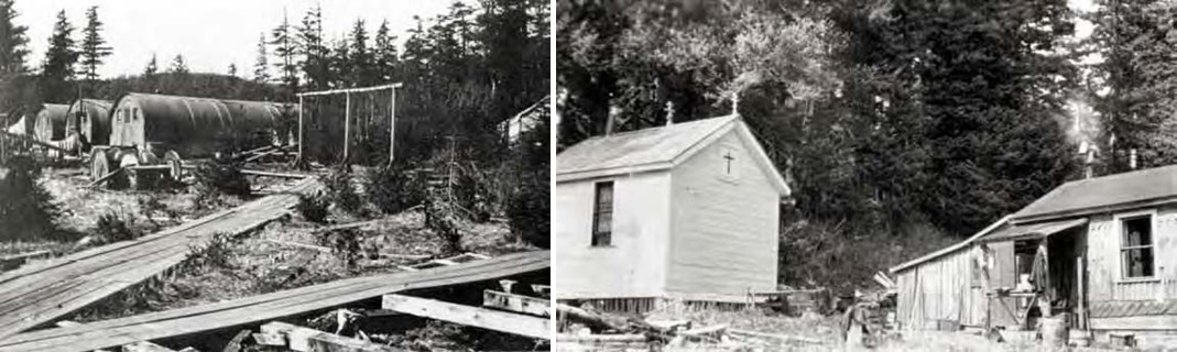 Composite of two images. Left: Quonset huts under construction. Right: small wooden buildings