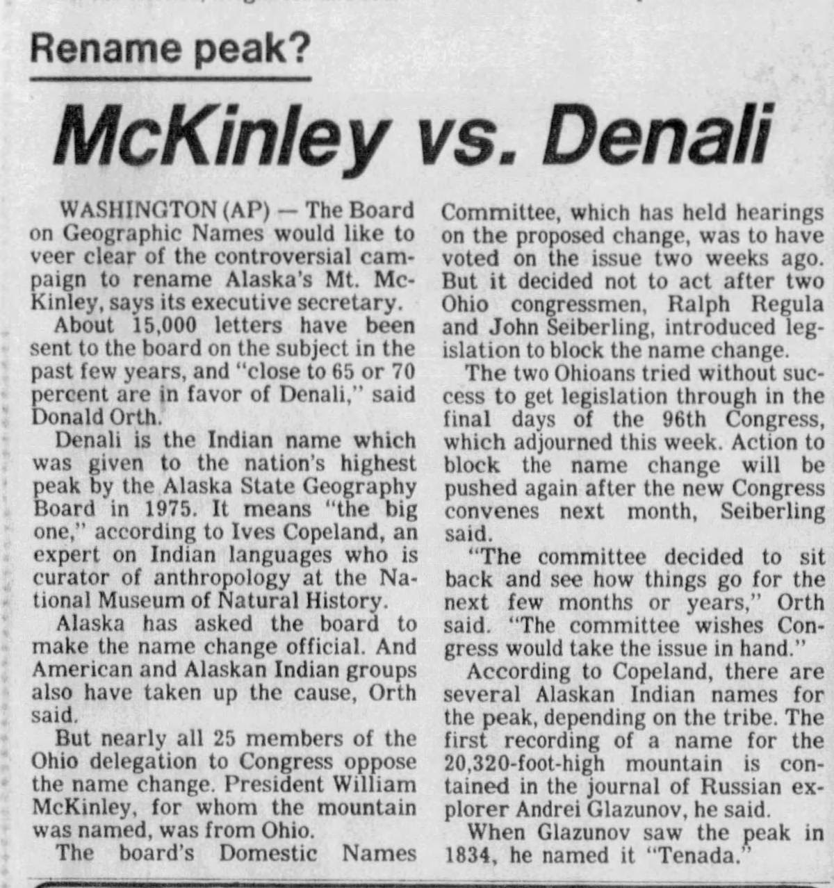 fig 2 a newspaper with a headline reading rename peak? mckinley versus denali