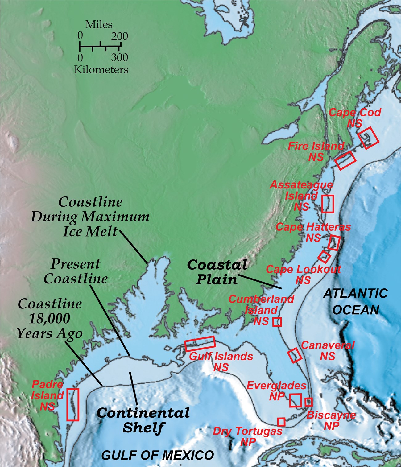 map of southeast us coastline showing sea level change