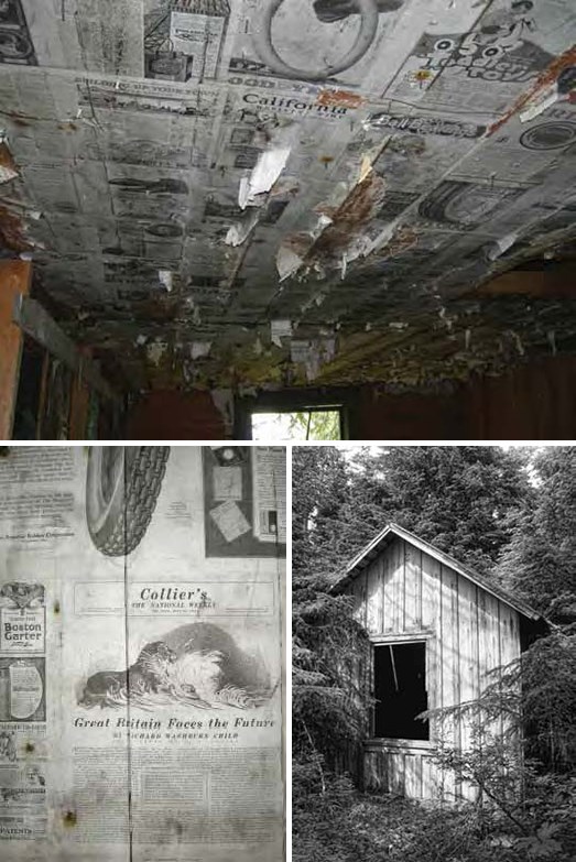 lt= Composite of three images showing old newspaper lining walls and ceiling and a small wooden shack.