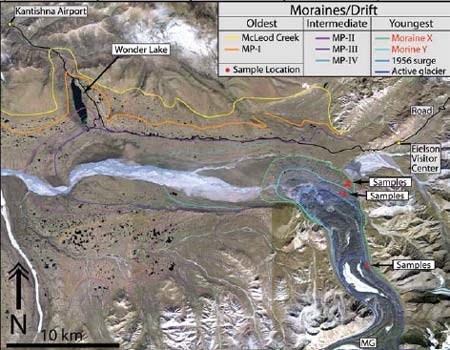 satellite image of mountains with colored lines indicating varying footprints of a glacier over time