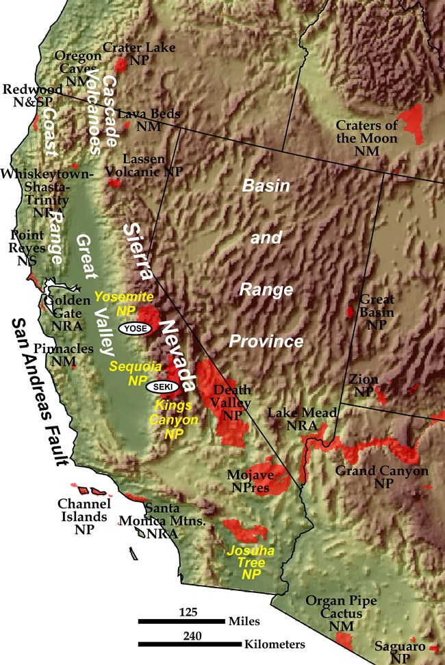 shaded relief map of sierra nevada and west coast