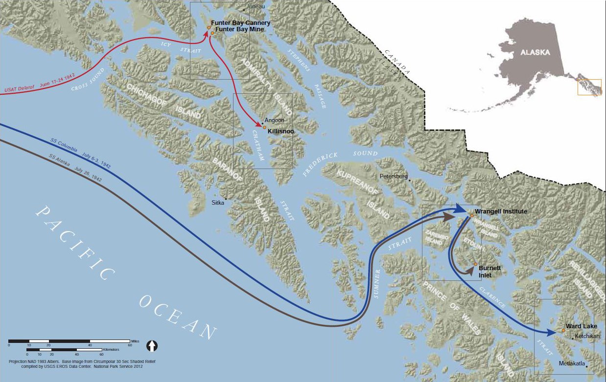 Map of southeast Alaska showing internment sites and ship routes there
