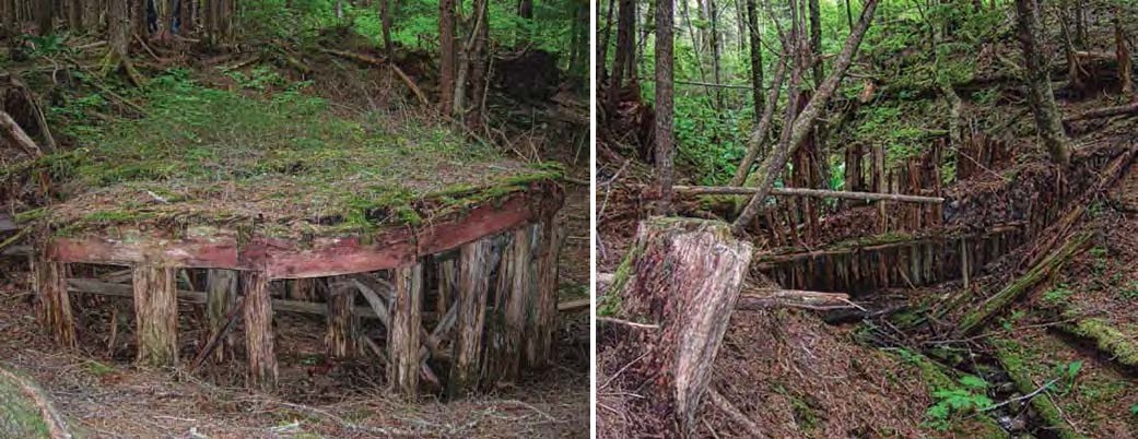 Composite of two images of abandoned water supply tank in the woods