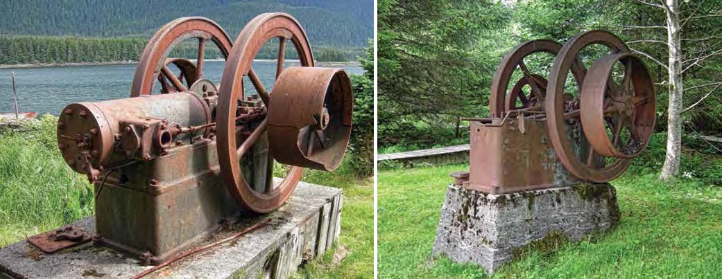 Composite of two images showing two rusted Fairbanks Morse gasoline engines attached to concrete platforms
