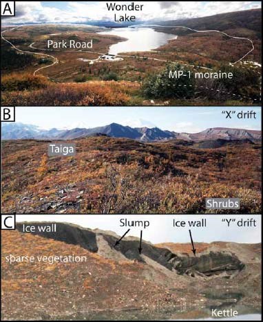 three images of scrubby tundra with labels indicating features of glaciation