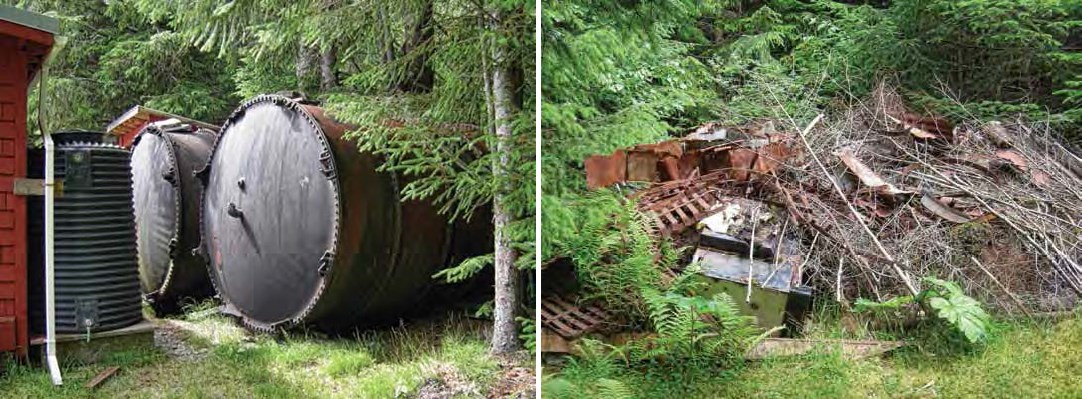 Composite of two images. Left: Large metal tanks. Right: Collapsed structure remains.
