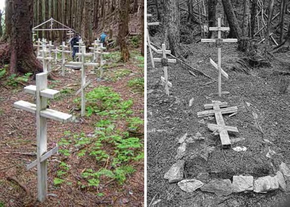 Composite image. Left: color view of Russian Orthodox crosses. Right: black and white image of grave with Russian Orthodox crosses.