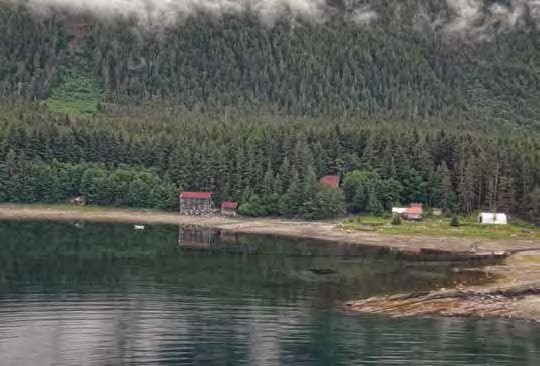 lt= Color photo of buildings along a shore with forest backdrop