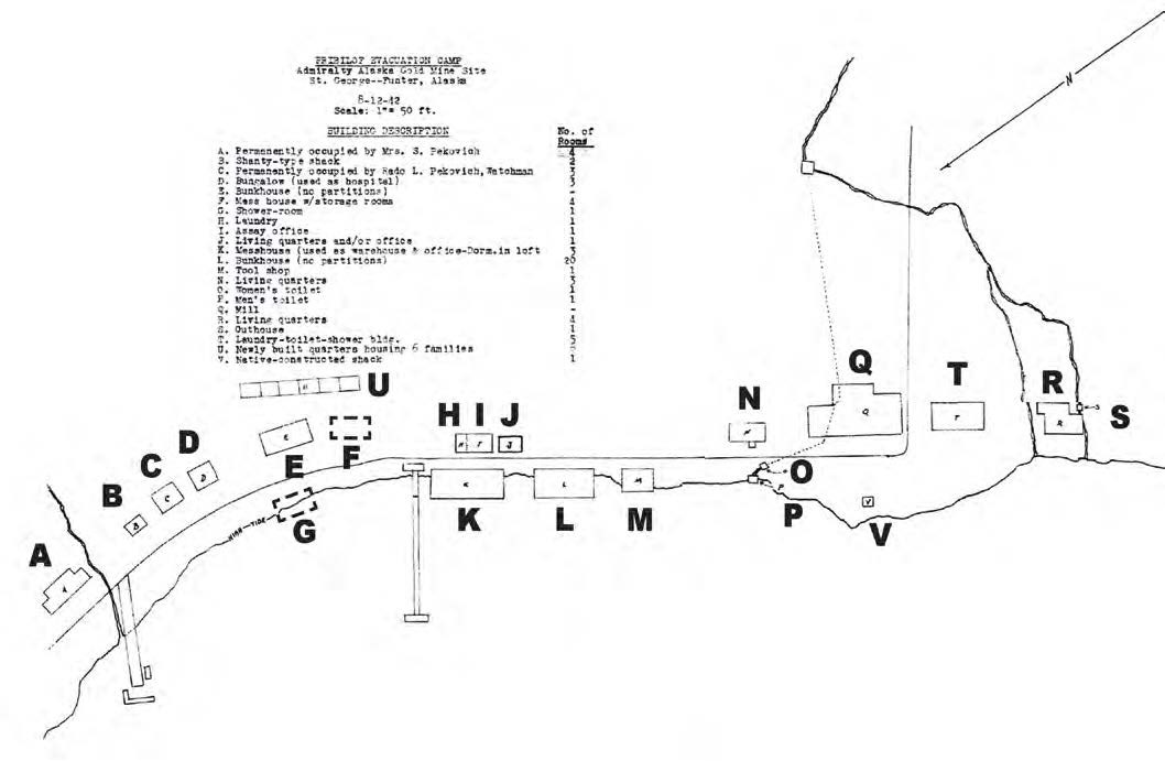 Line drawn map with points along a road labeled A-V labeled "Pribilof Evacuation Camp"