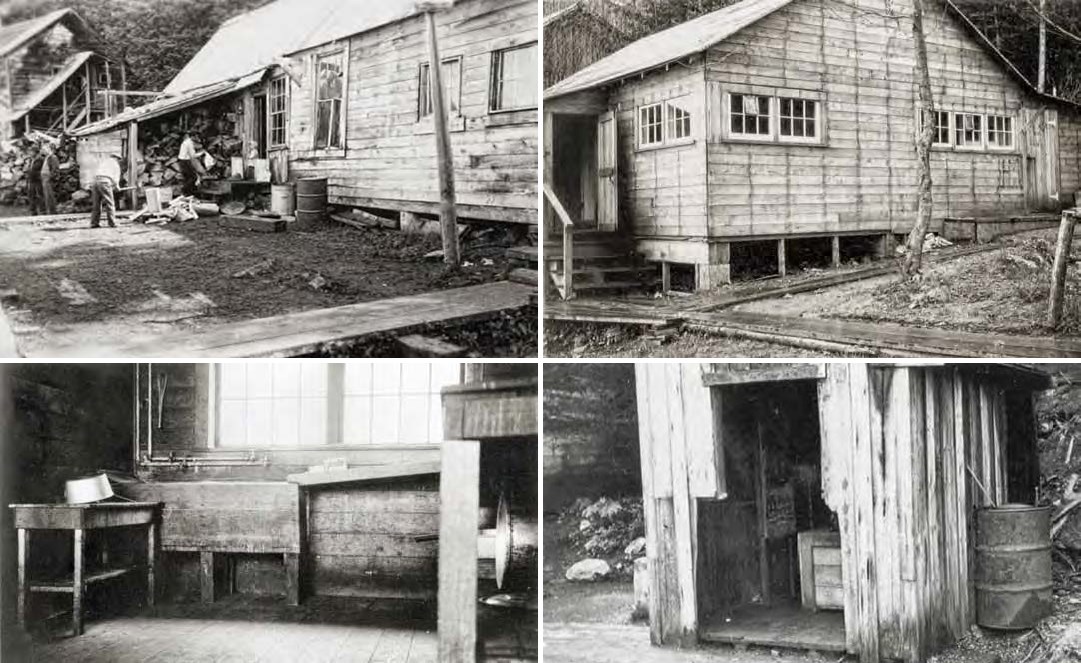 Composite of four black and white images. Top: two photos of wooden buildings with boardwalks. Bottom: interior shot and outhouse photo.