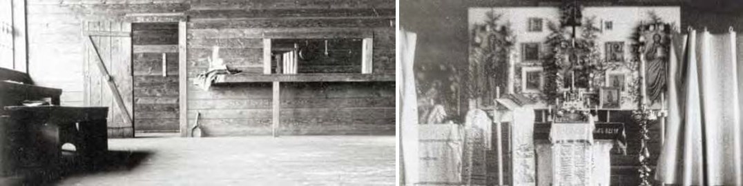 Composite of two black and white photos. Left: mostly empty interior. Right: highly decorated alter