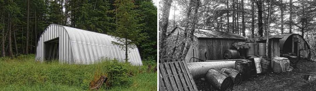 Composite image. Left modern color photo of Quonset hut and green grass. Right: black and white photo of building, Quonset hut, and barrels.