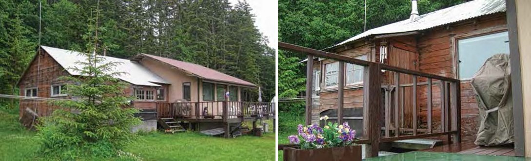 Composite of two modern photos of a house with a deck