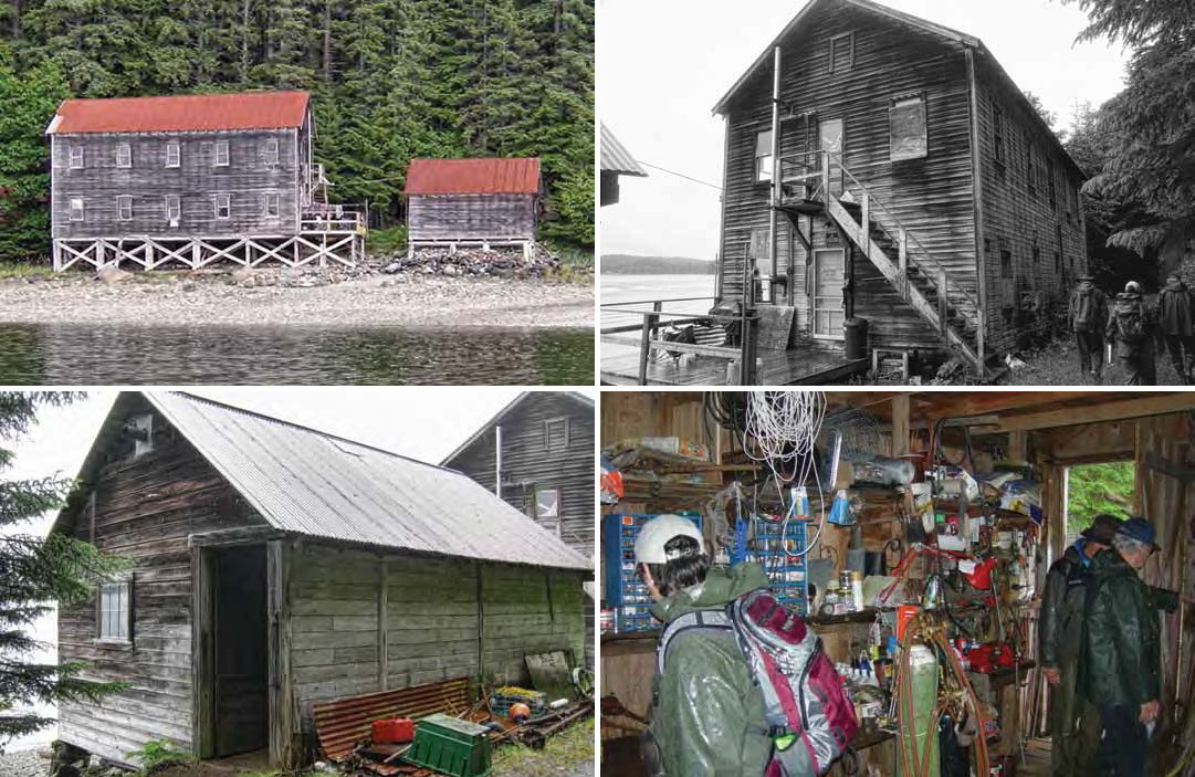 Composite of four images. Top: view of large wooden building with many windows from the water and shore. Bottom: Small wooden building and crowded interior.